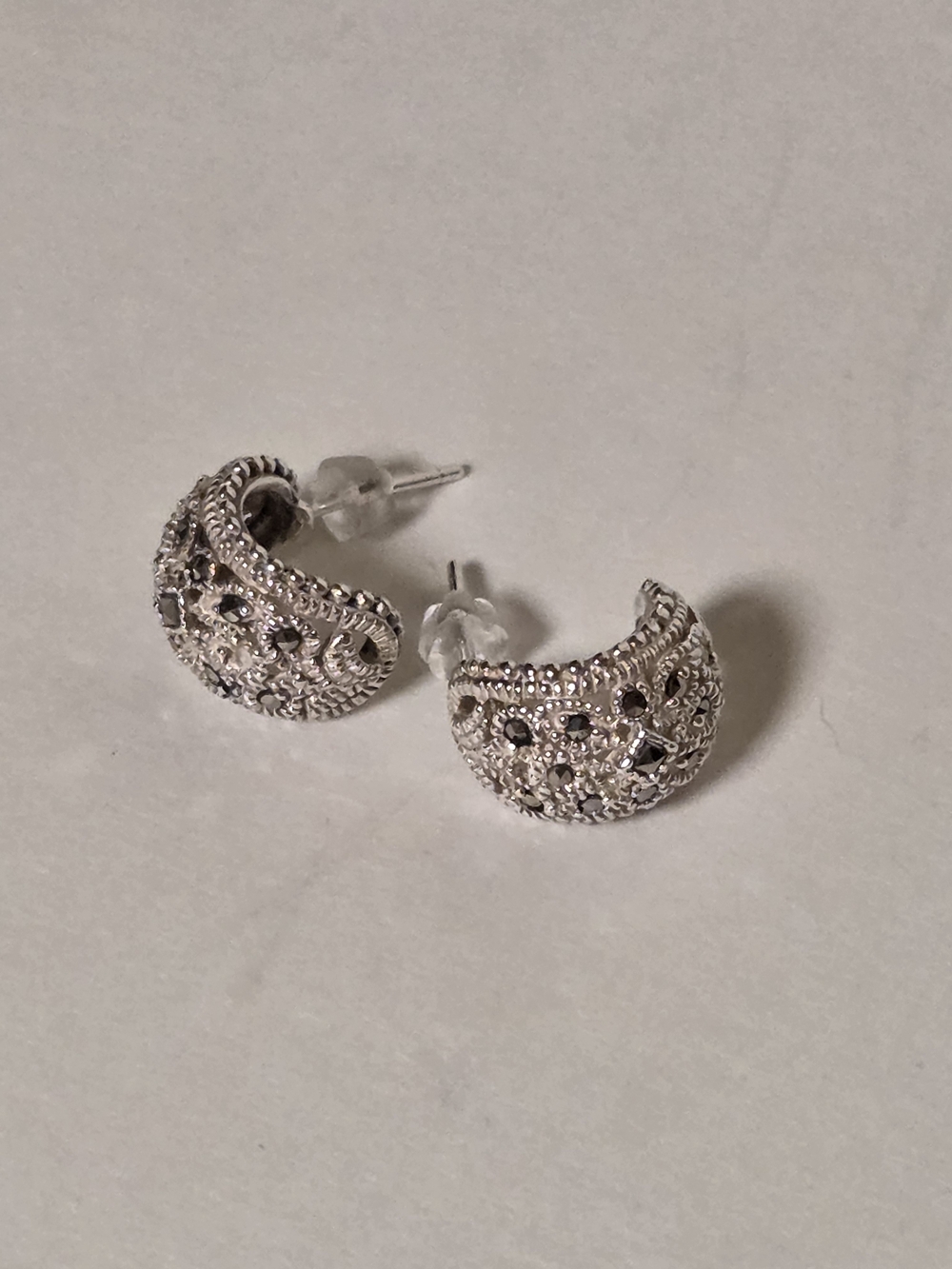 Vintage CFJ Sterling Silver 925 Marcasite Filigree Hoop Stud Earrings Textured